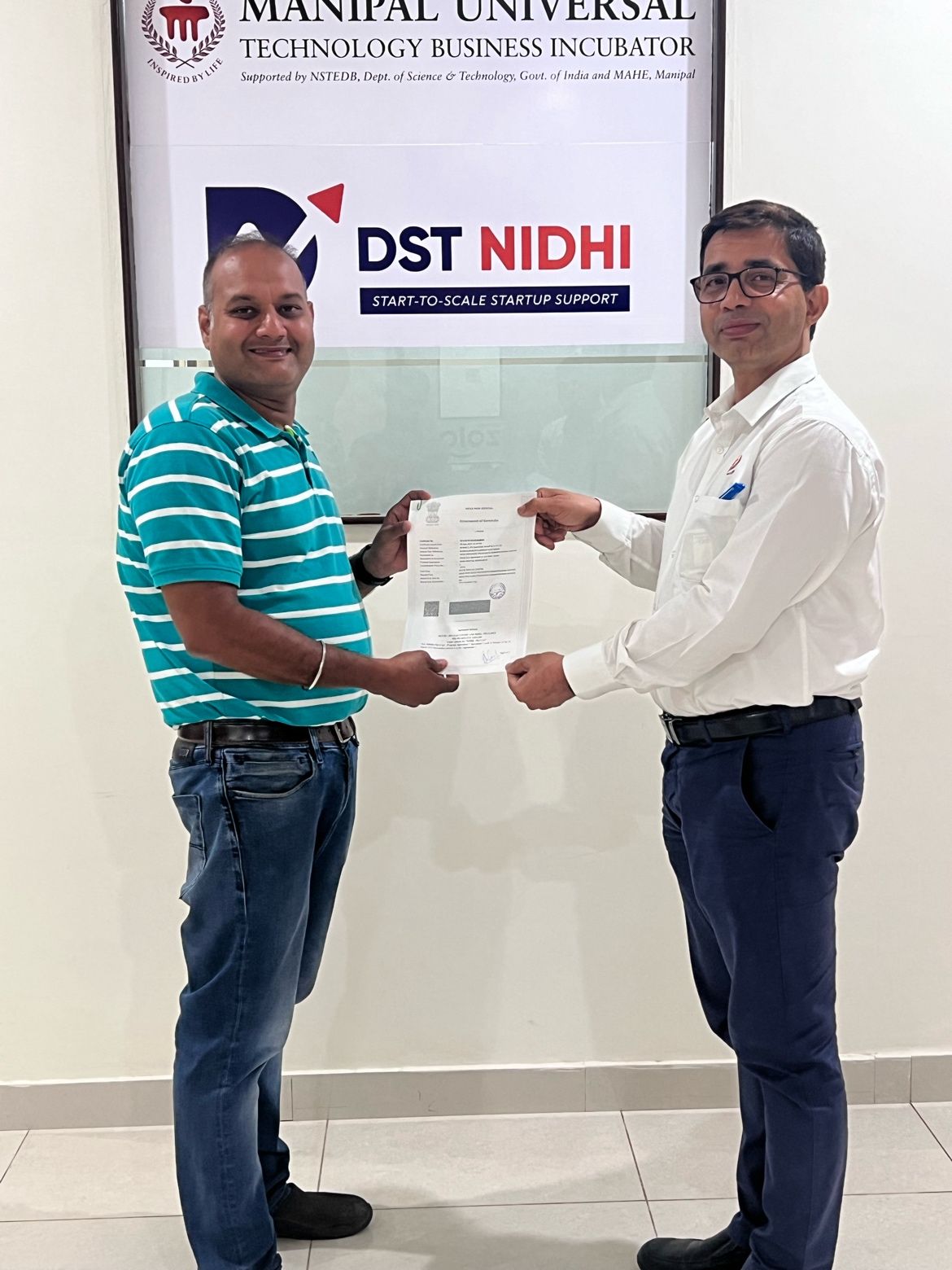NIDHI PRAYAS Grant Certificate from Department of Science & Technology